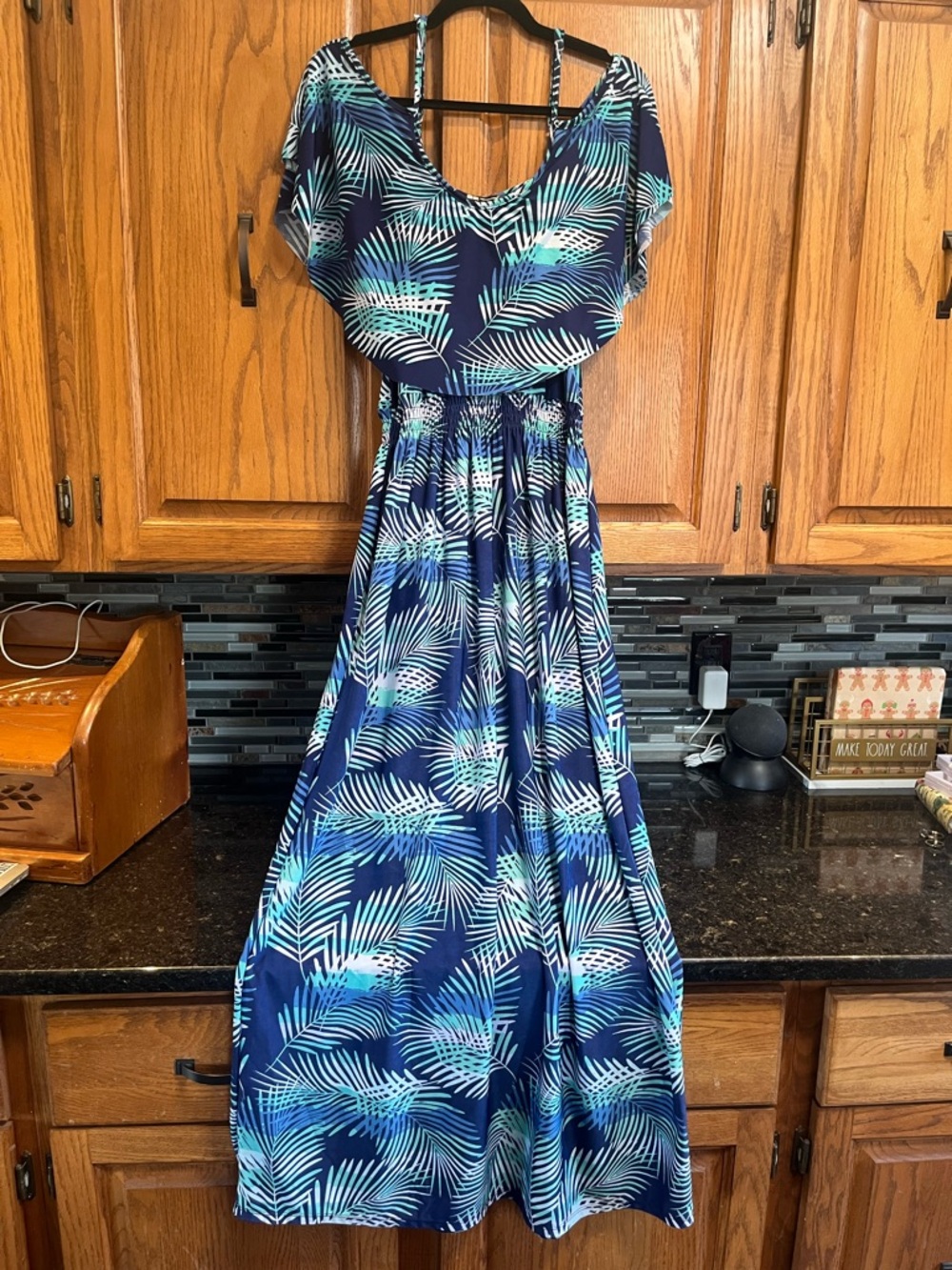 Navy Blue Tropical Print Maxi Dress